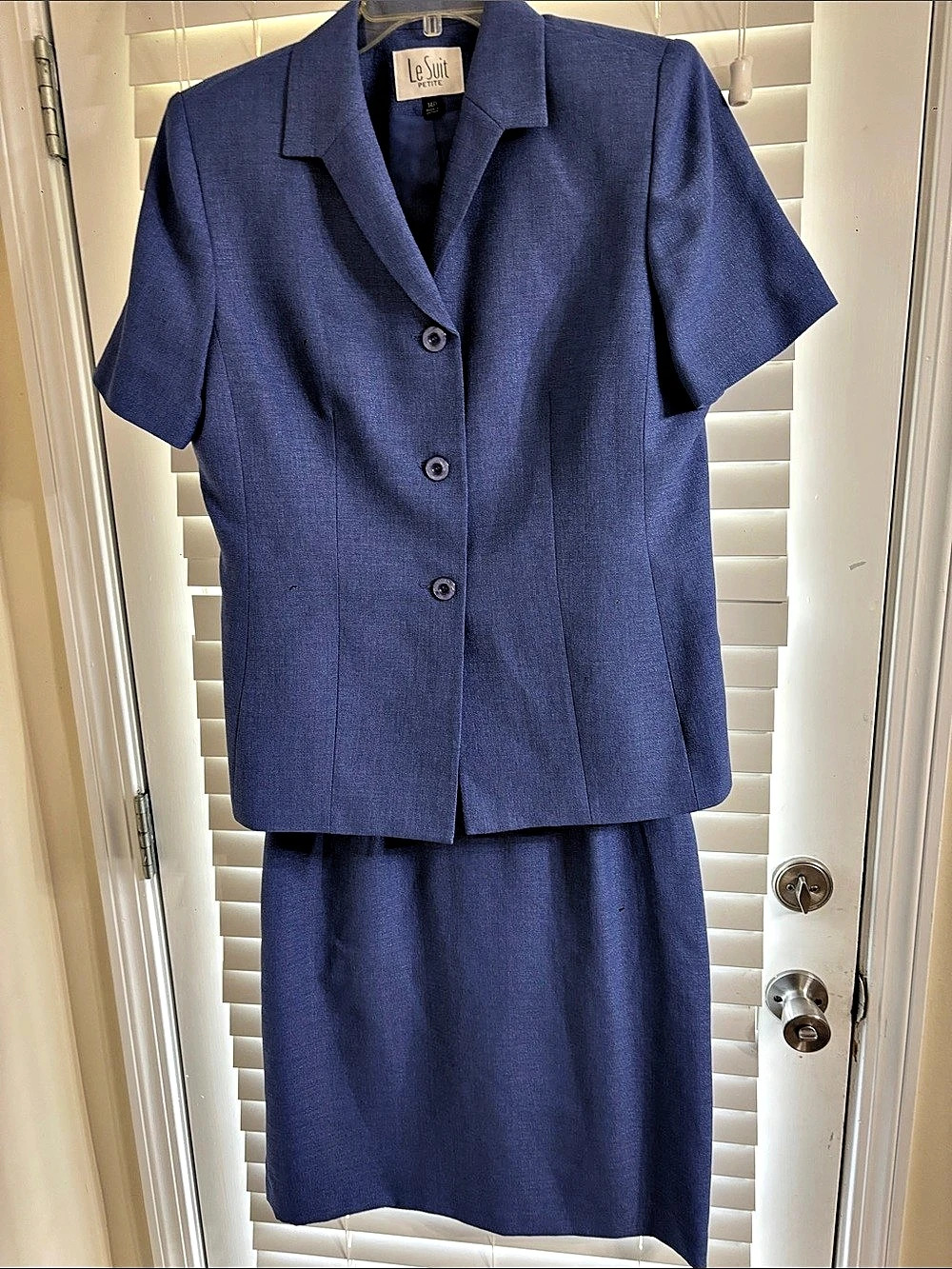 Le Suit Petite Short Sleeve Skirt Suit in Blue Size 14P
